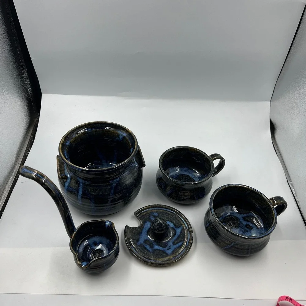 Vintage Signed Studio Pottery Soup Pot with Lid Ladle and 2‎ Bowls Blue Glaze
